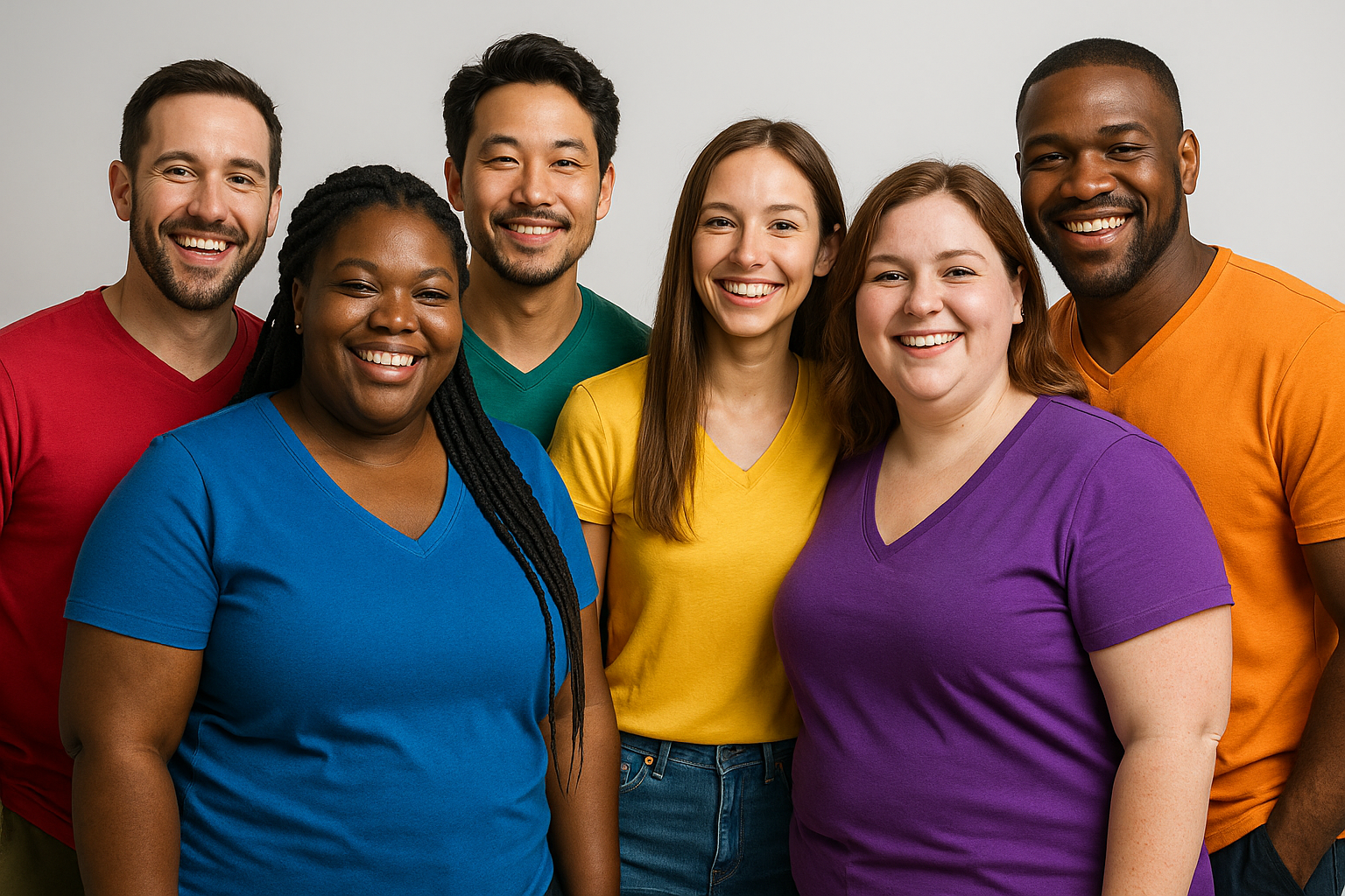 3 Men and 3 women each wearing different color vneck tshirts. Various sizes and ethnicities ,happy together.
